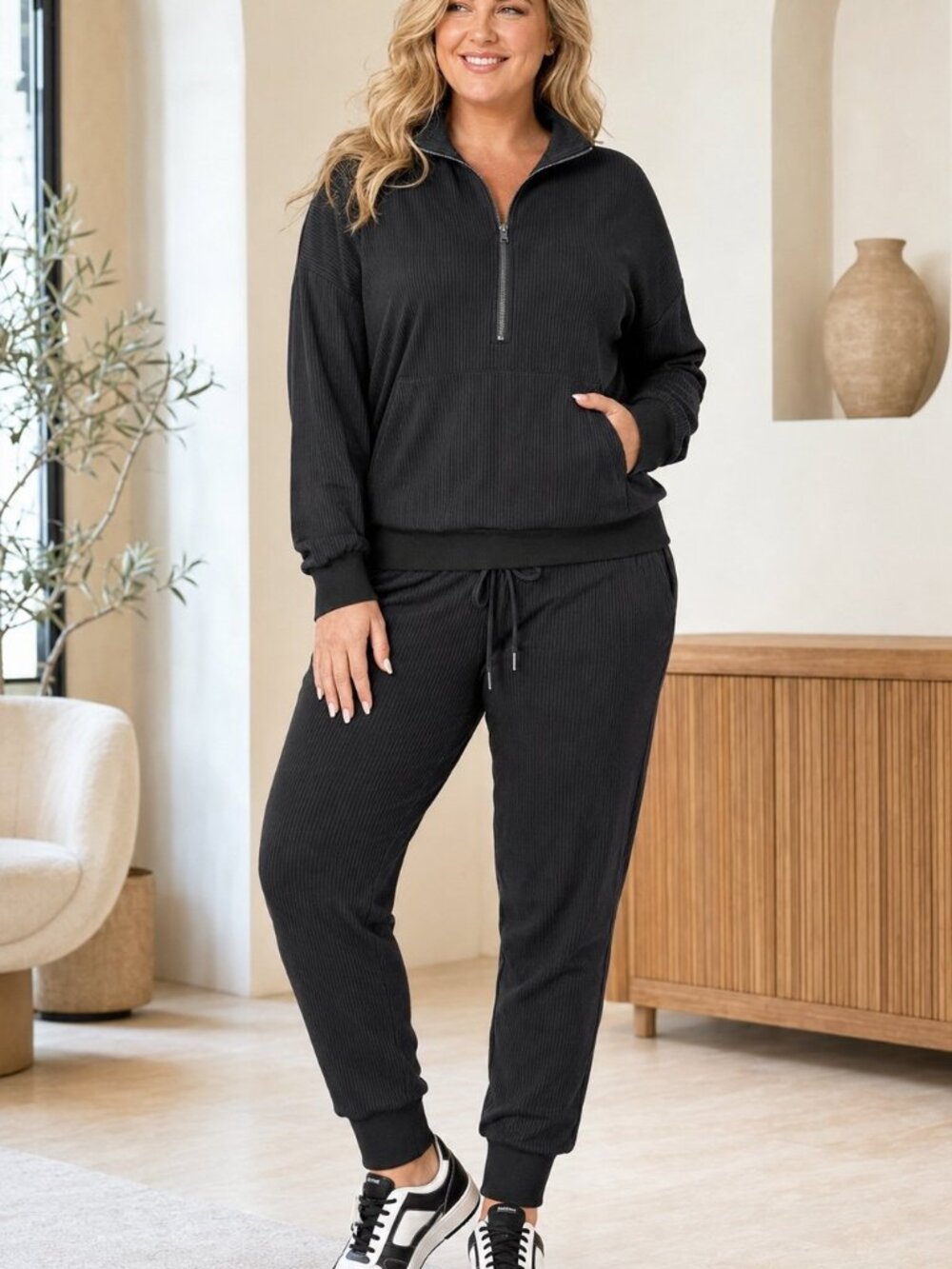 Women’s L Black Ribbed 2-Piece Jogger Set Half-Zip Pullover NWT